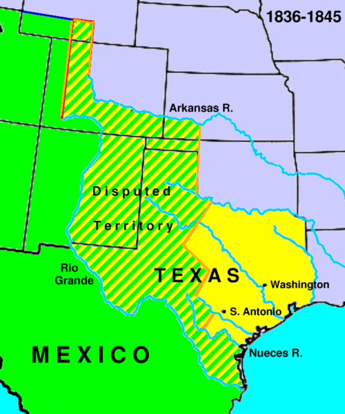 On the map the area in yellow is the Texas that succeeded from Mexico, the area in green and yellow is the area Mexico still claimed. The USA would later invade this disputed area and use it as an excuse to start the Mexican-American War