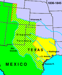 The area in yellow is the Texas that succeeded from Mexico, the area in green and yellow is the area Mexico still claimed. The USA would later invade this disputed area and use it as an excuse to start the Mexican-American War